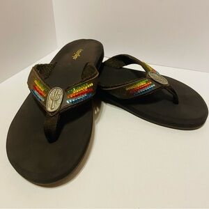 Thomas & King Fancy Flip Flop Womens 8/10 Glitter Brown Jewels Cactus Medallion